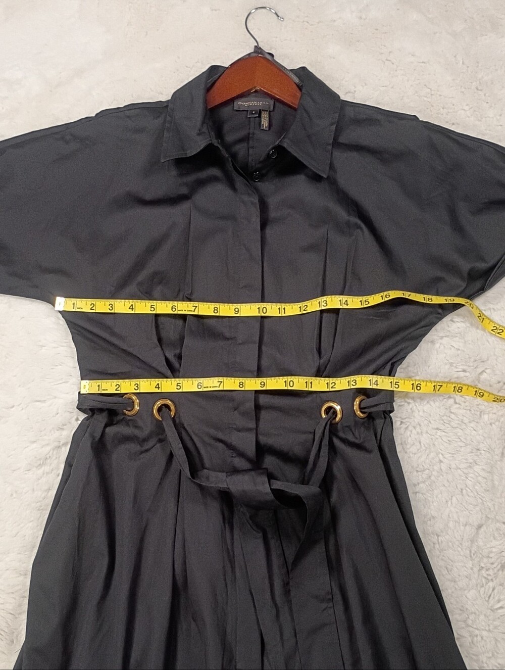 Donna Karan Drawstring Waist Stretch Cotton Black Midi Shirtdress Size 6 NWOT - Picture 8 of 12